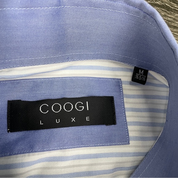 COOGIE LUXE Dress Shirt Mens M 15.5/16 White Blue Striped L/S Flip Cuff Logo - Picture 13 of 14
